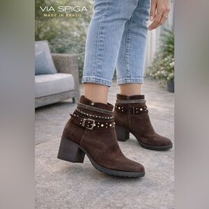 Brown 100% leather Suede Studded Ankle Booties made in Brazil